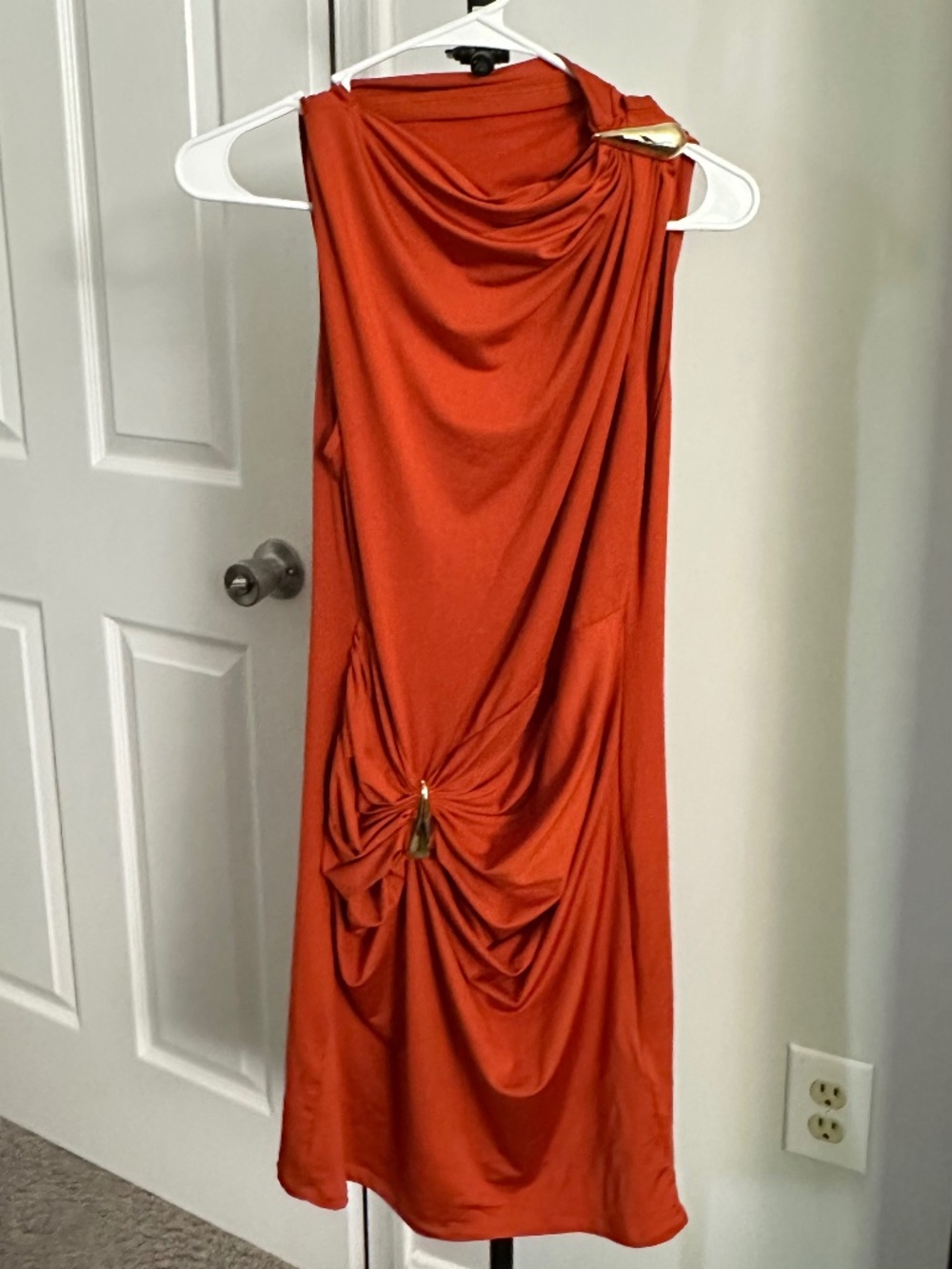 Micas Rust One-Shoulder Ruched Midi Dress with Gold Hardware - NWT, L